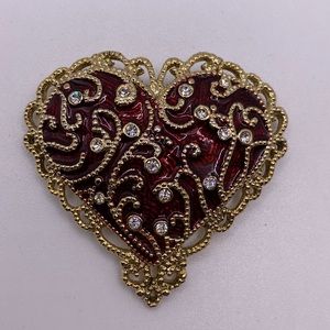 MONET Gold Filigree Rhinestone Enamel Heart Brooch Pin